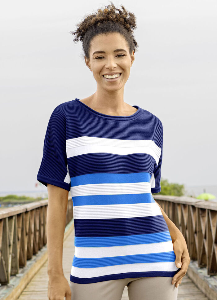 Trui met strepenmotief MARINEBLAUW-WIT-AZUURBLAUW