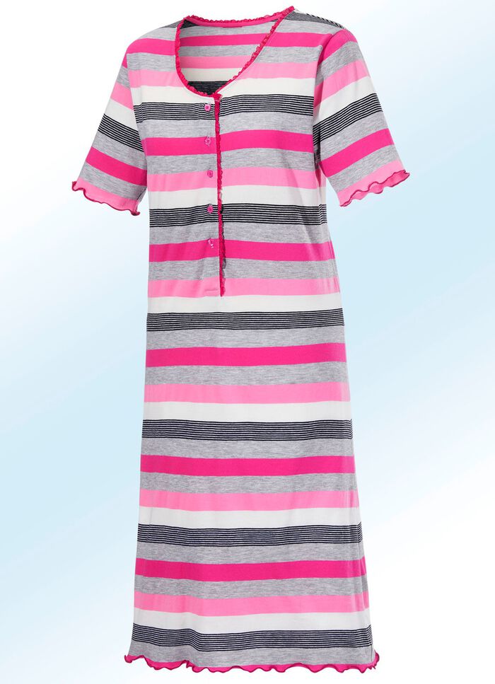 Nachthemd met knoopsluiting en met garen geverfd streepjesmotief 