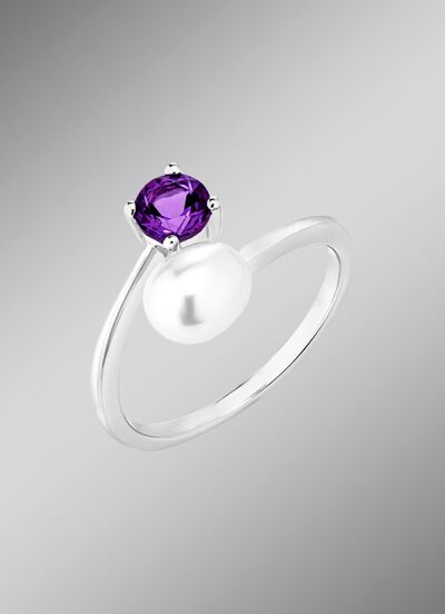 Damesring met zoetwaterparel en amethist 