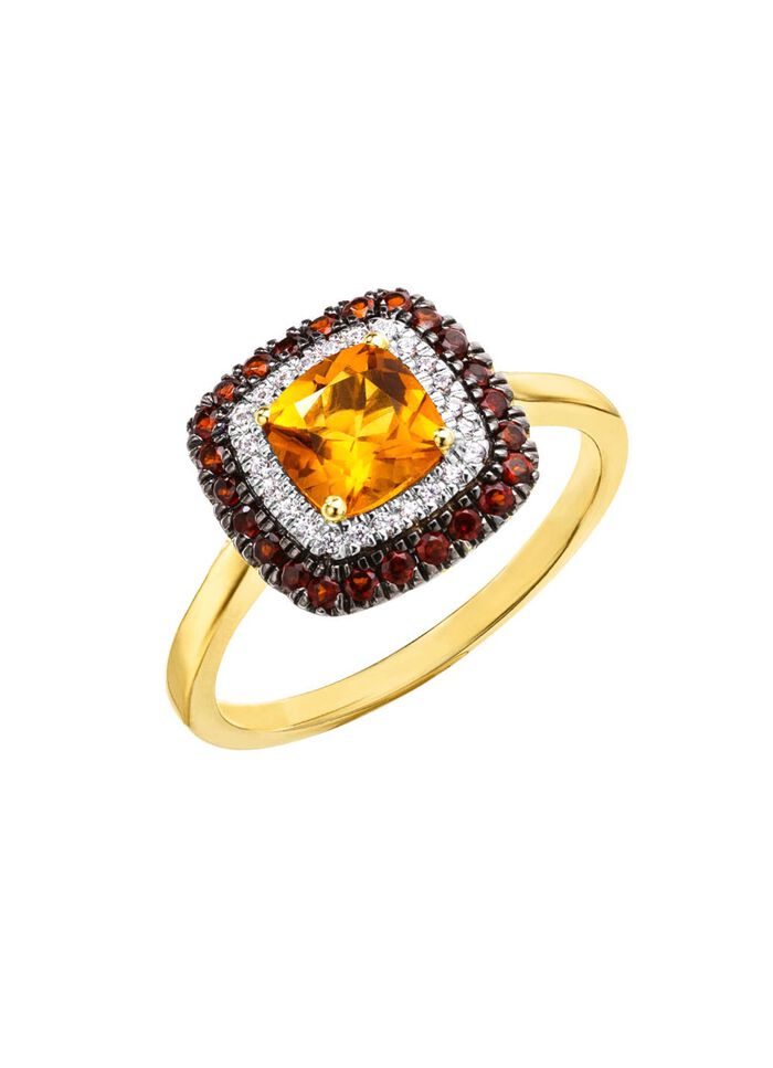Betoverende damesring met diamanten, citrien en granaat 