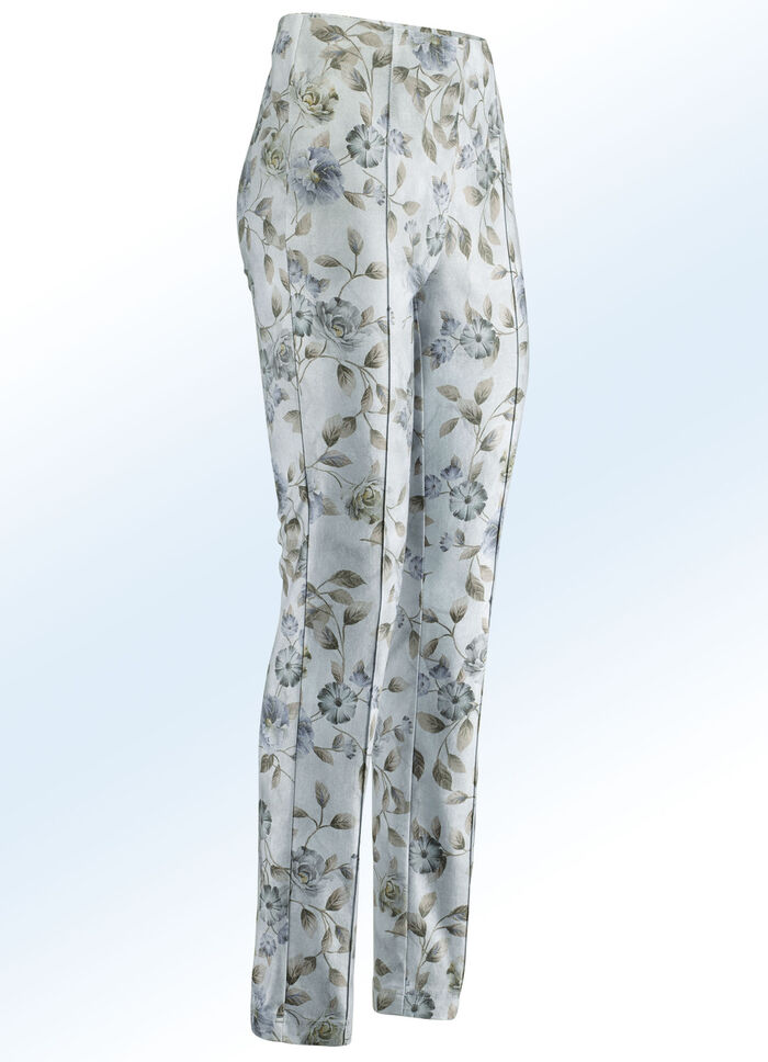 Broek met harmonieus bloemendessin BLAUW-ZANDGRIJS