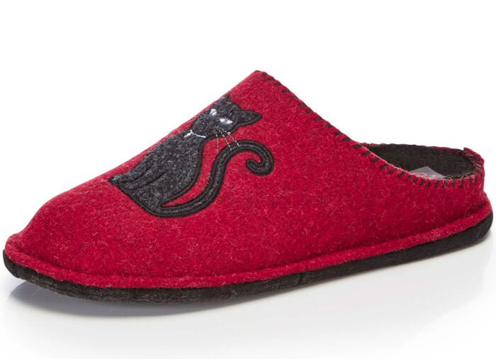 Klassieke damespantoffels, breedte H, met schattige kattenapplicatie ROOD