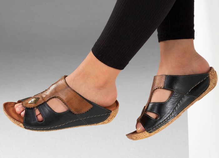 Gemini, comfortabele damesmuiltjes, breedte G, met klittenbandsluiting ZWART-COGNAC