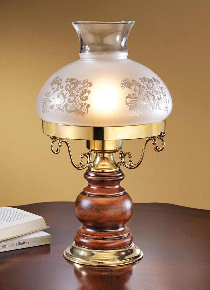 Massief messing tafellamp met massief elzenhouten voet NOTENBOOM