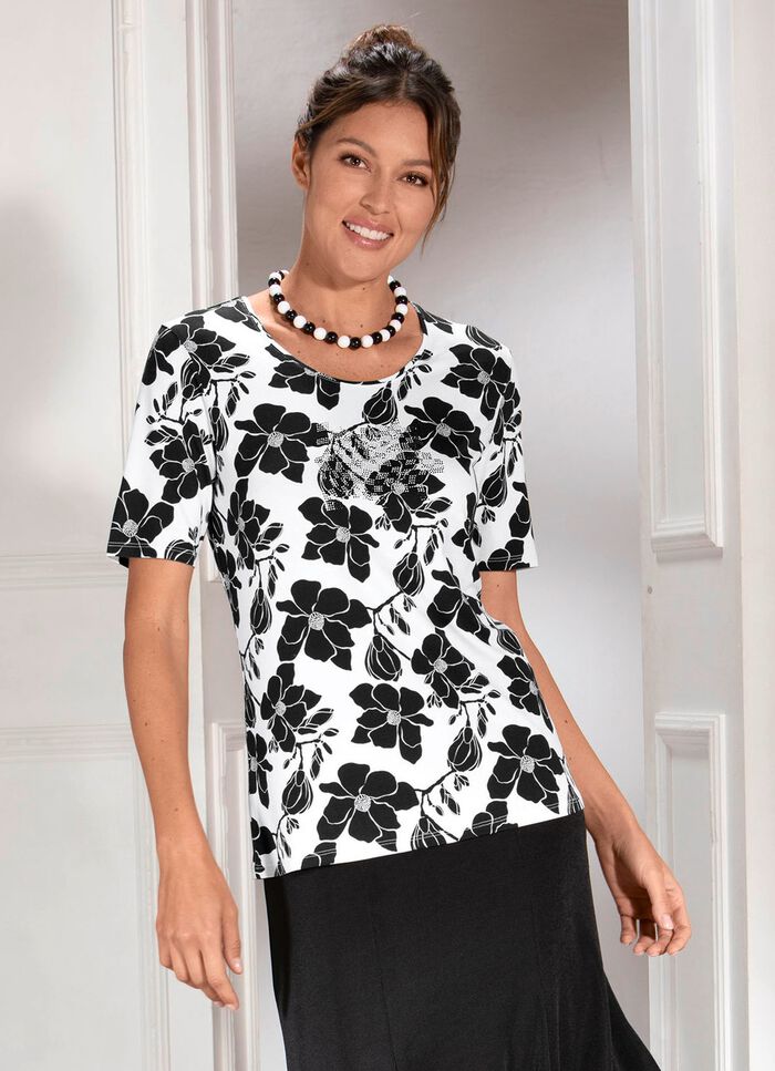 Shirt met plaatjesversieringen aan de voorzijde ZWART-WIT