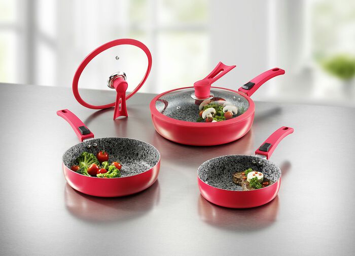 Professionele pannenset, 7-delig, met innovatieve standdeksels ROOD