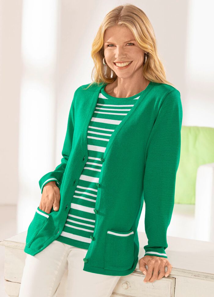 Gebreide twinset met contrasten GROEN-WIT