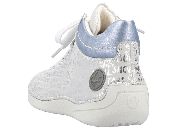 Rieker veterlaarsje van origineel bedrukt synthetisch materiaal ZILVER-GRIJS-BLAUW