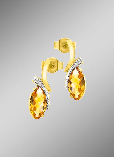 Oorbellen met echte citrien en 2 diamanten 