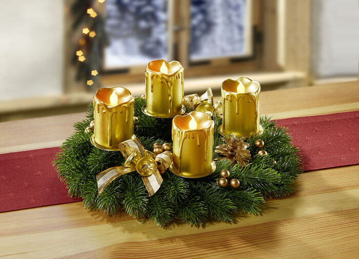 Adventskrans met echte waskaarsen met led GOUD
