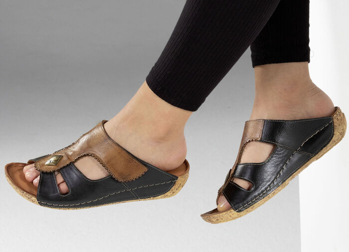 Gemini, comfortabele damesmuiltjes, breedte G, met klittenbandsluiting ZWART-COGNAC