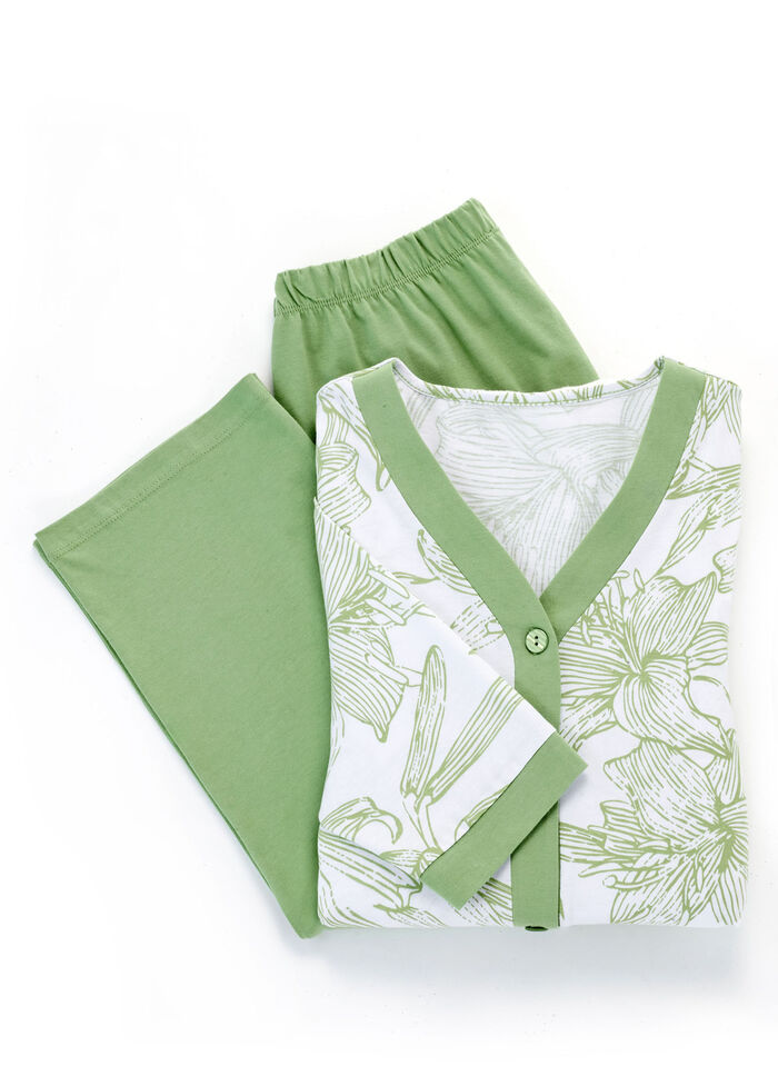 Pyjama, doorgeknoopt met bies en lange mouwen WEISS-SCHILFGRÜN