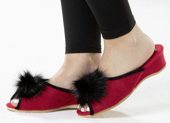 ELENA EDEN, chique damesmuiltjes, breedte G, met imitatiebont pompon ROOD