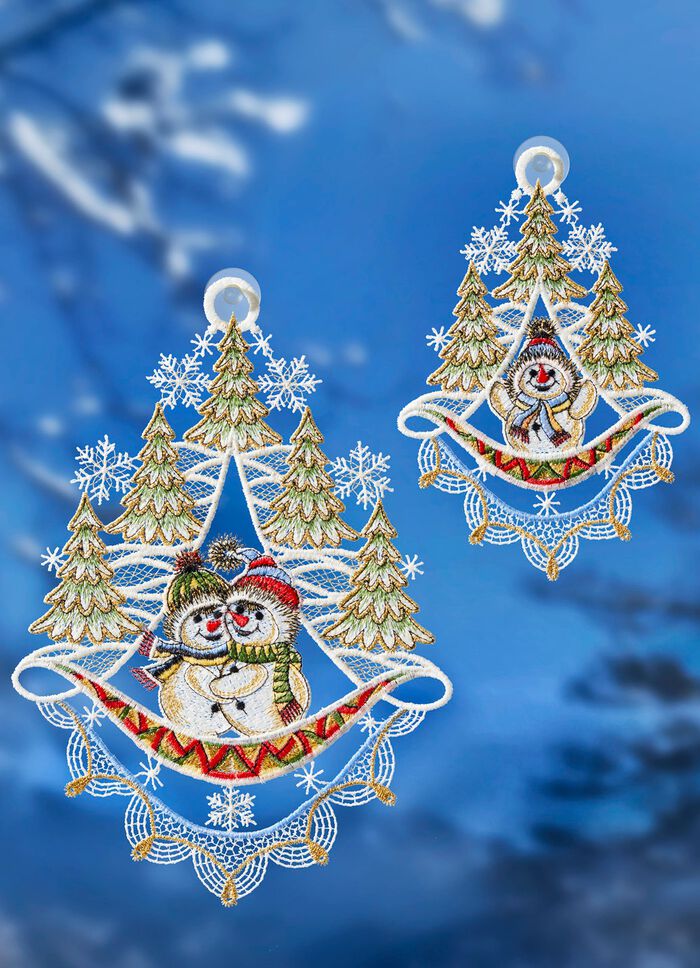 Raamafbeeldingen sneeuwpoppen gemaakt van echt Plauen-kant MULTICOLOR