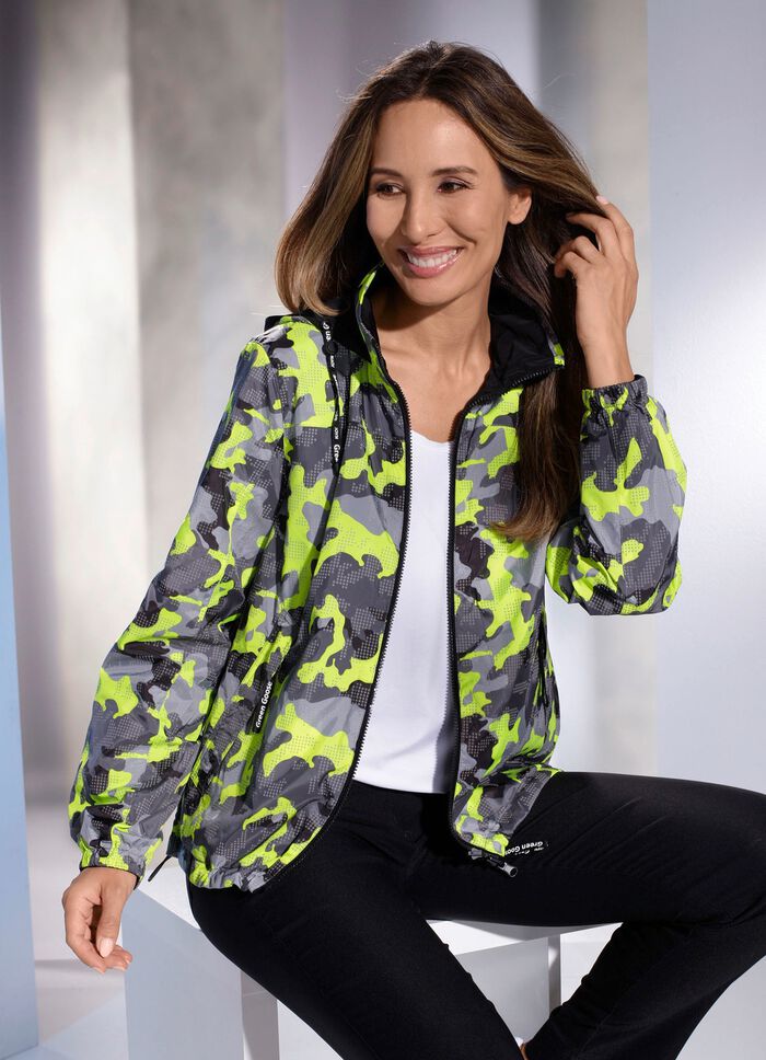 Functioneel omkeerbaar jack met capuchon ge&iuml;ntegreerd in de kraag 