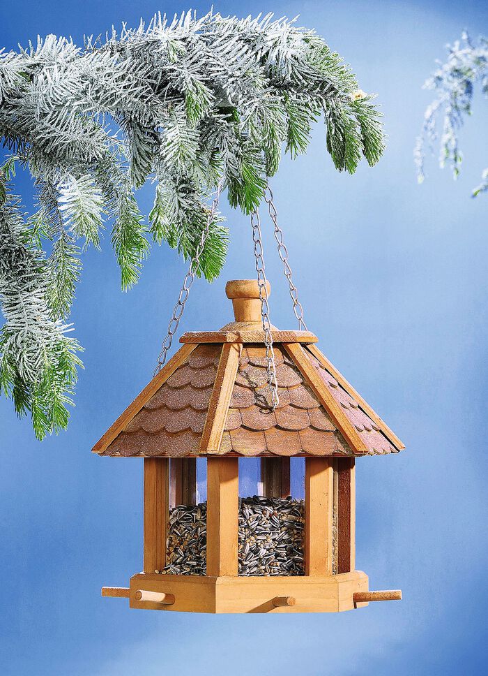 Houten vogelvoederhuis met dakspanen 