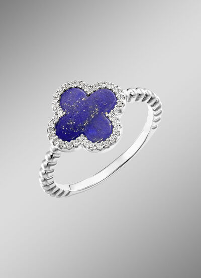 Klaverblad damesring met echte lapis lazuli en synthetische zirkonia 