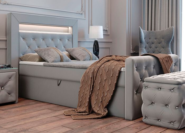 Boxspringbed met LED-verlichting en topper GRIJS