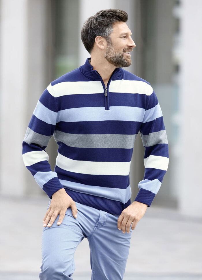 Gestreepte troyer met korte ritssluiting MARINE-BLEU-ECRU