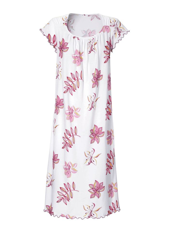 Nachthemd, korte mouwen met ronde hals WIT-KERSROOD