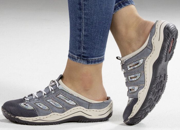 Rieker, klassieke damesklompen, met elastische decoratieve vetersluiting JEANSBLAUW/BEIGE