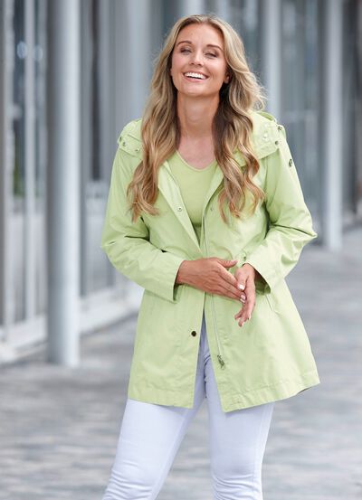 Functionele lange jas met afneembare capuchon 