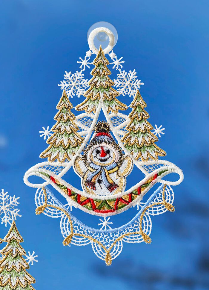 Raamafbeeldingen sneeuwpoppen gemaakt van echt Plauen-kant MULTICOLOR