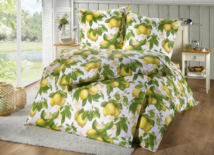 Beddengoedset aan beide zijden bedrukt met een citroendessin 