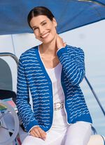 Cardigan met fijne streepjes en opengewerkte ruiten AZURBLAU-WEISS