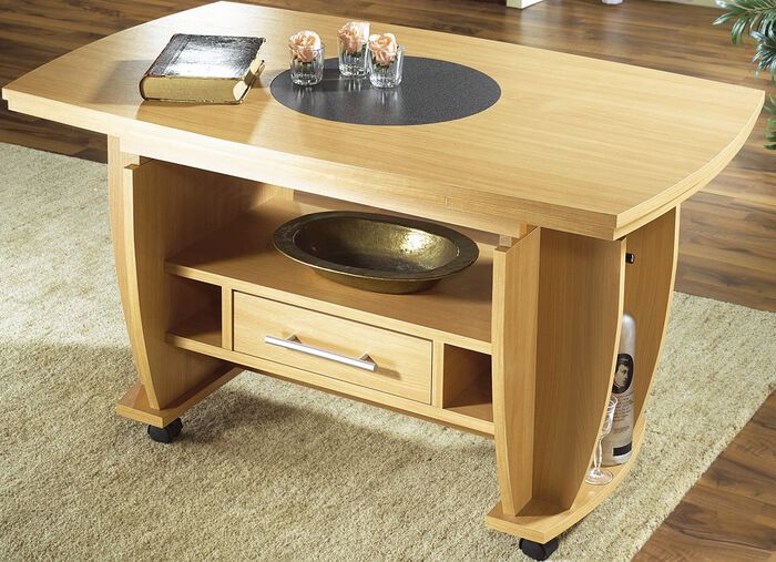 Salontafel op wielen met steenlook inleg BEUKEN