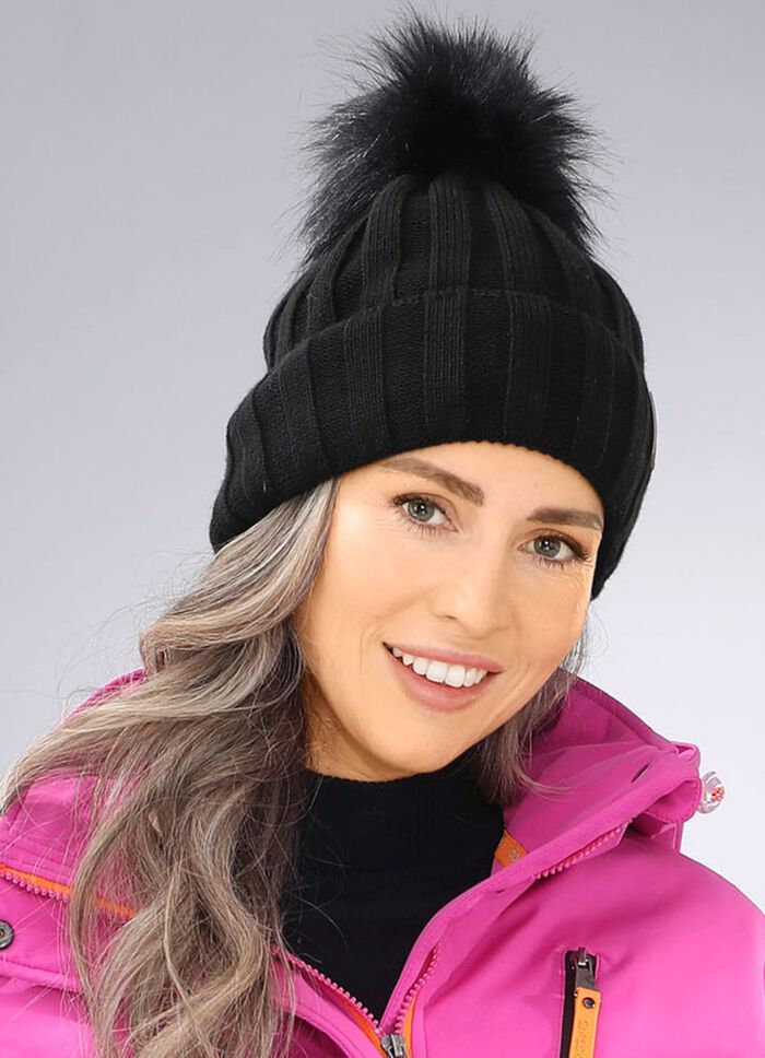 Trendy dameshoed met brede manchet en imitatiebont pompon ZWART
