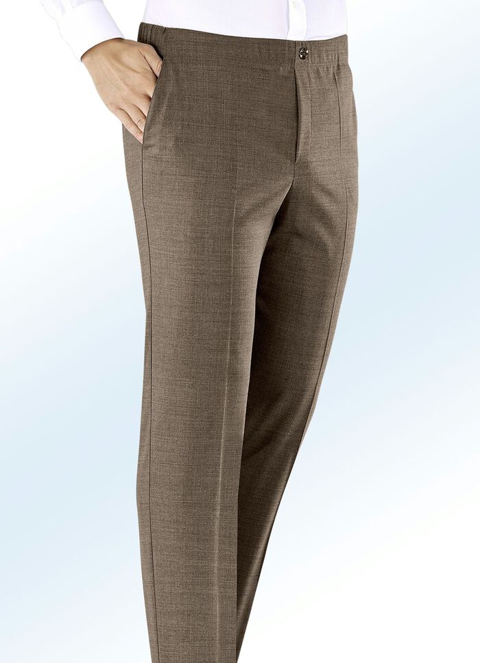 Slip-on broek "Klaus Models" met decoratieve bies in 3 kleuren MIDDELBRUIN GEMÊLEERD