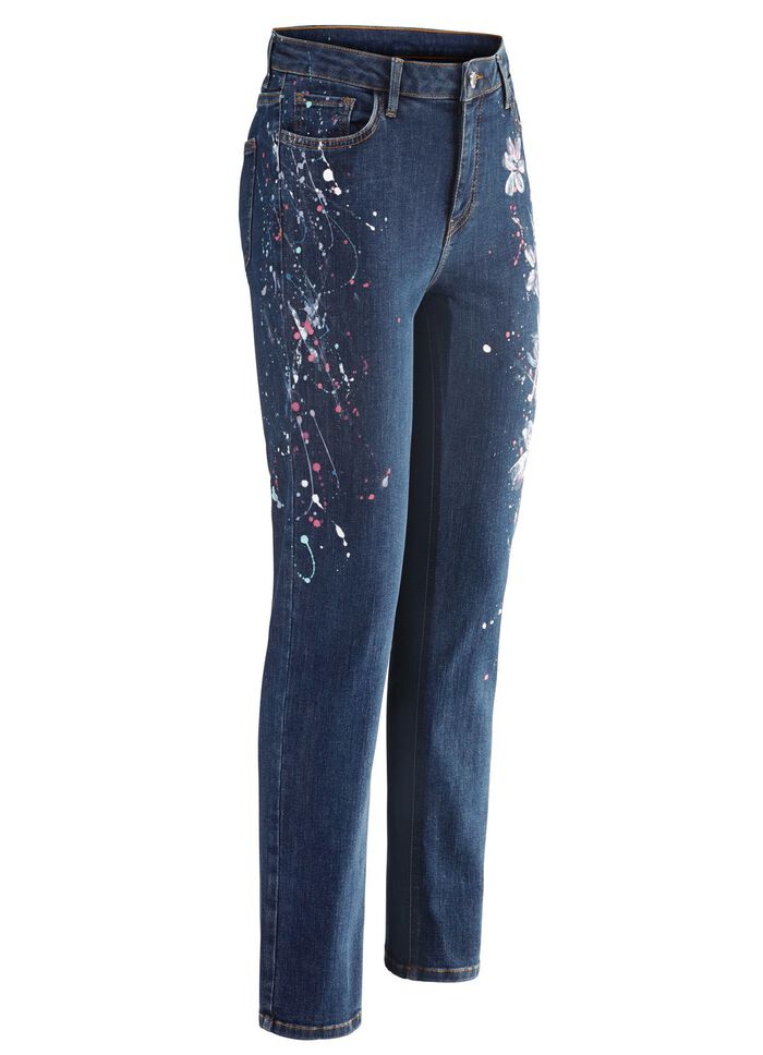 Jeans met handgeschilderde bloemmotieven 