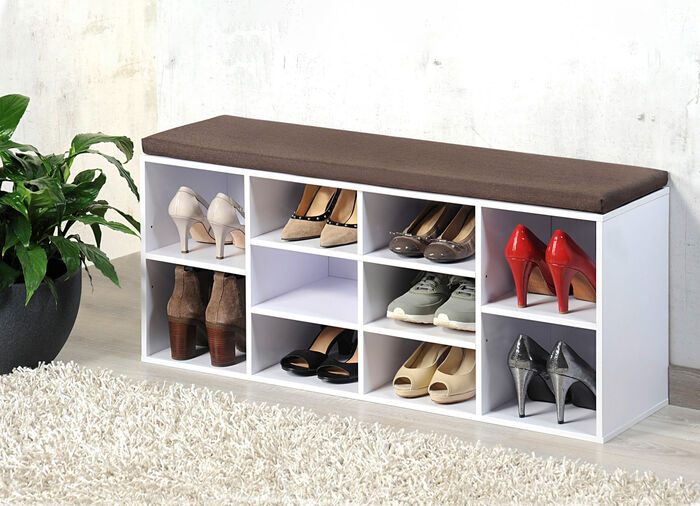 Schoenenbank met zitkussen WIT