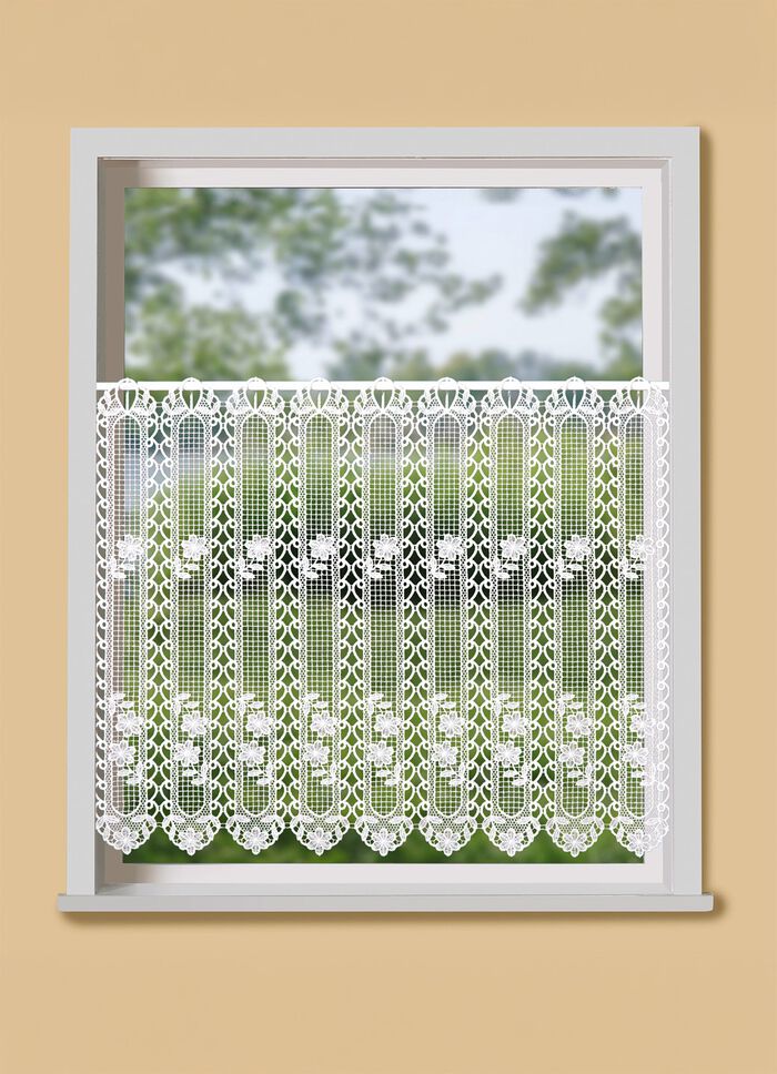 Kort gordijn in macram&eacute; kwaliteit WIT