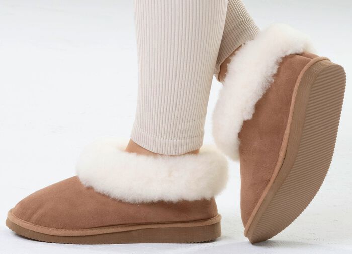 ELENA EDEN, warme damespantoffels, breedte G, met lamsvacht TABAKSBRUIN