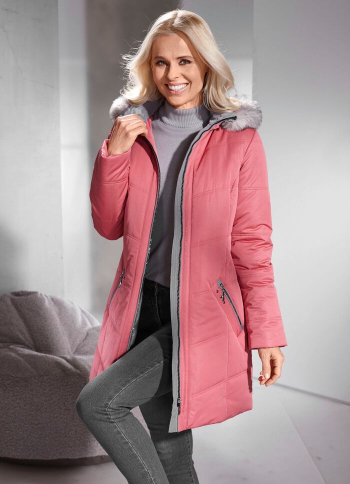 Lange jas met afneembare imitatiebontrand 