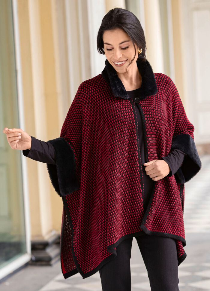 Poncho met imitatiebontrand 