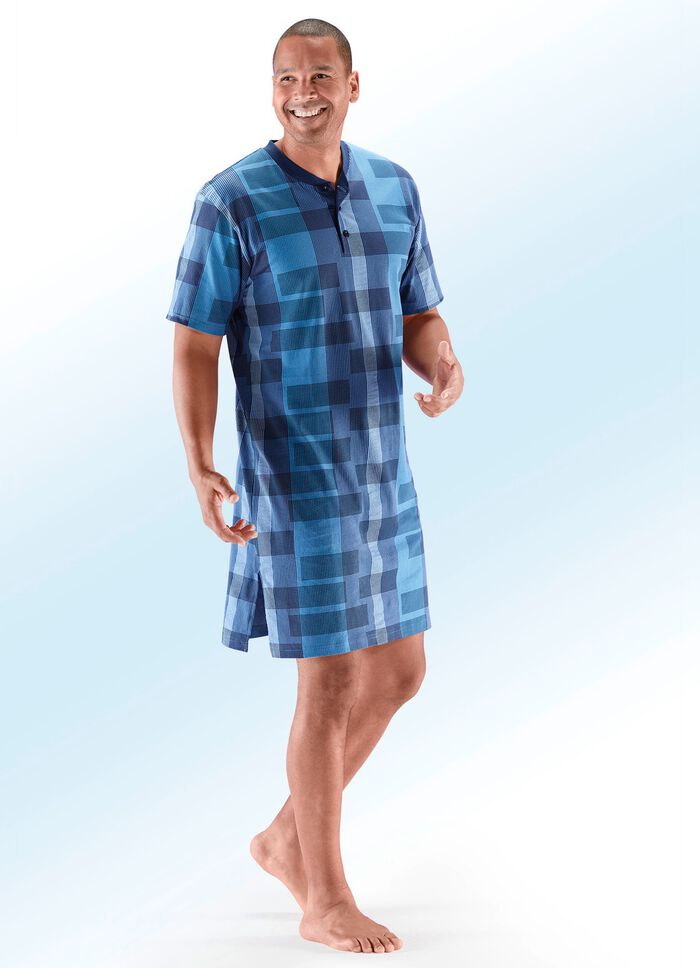 Nachthemd, korte mouwen, met ruitdessin, knoopsluiting en zijsplitten 