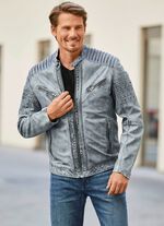 Korte leren jas met sierstiksel 