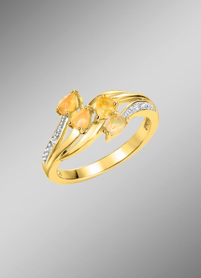 Damesring met echte vuuropaal en 2 diamanten 