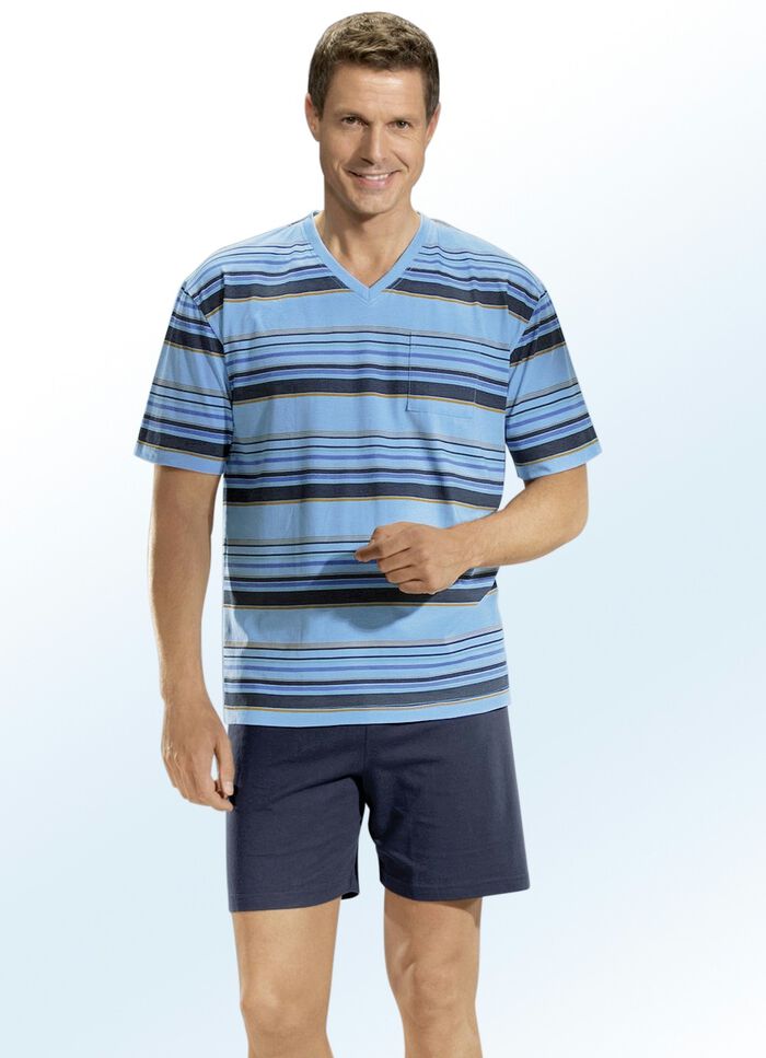 Shortama&lsquo;s, pak van twee, met V-hals en borstzakje 1X KIEZEL, 1X AQUA