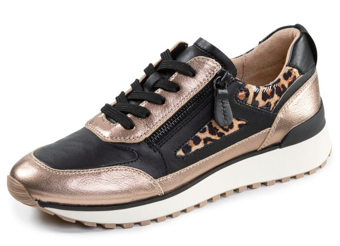 Caprice, trendy damessneakers, breedte G, met uitneembaar leren voetbed ZWART-BRONS