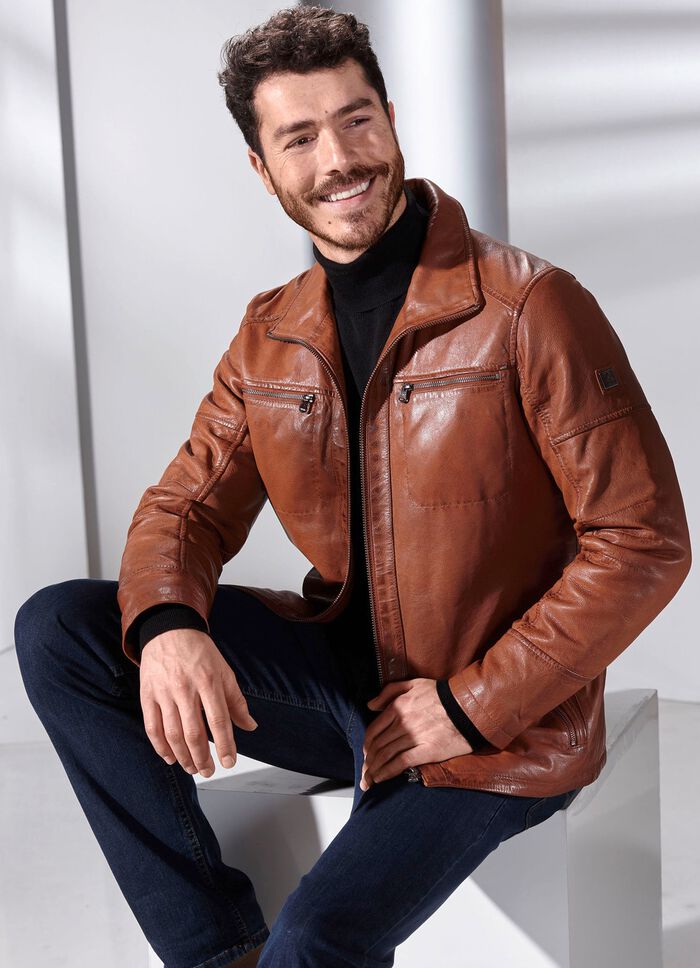 Kort leren jasje met opstaande kraag 