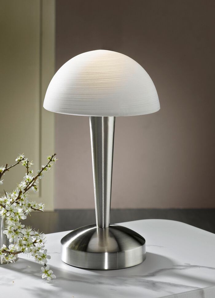 Tafellamp van metaal en glas met gloeilamp 