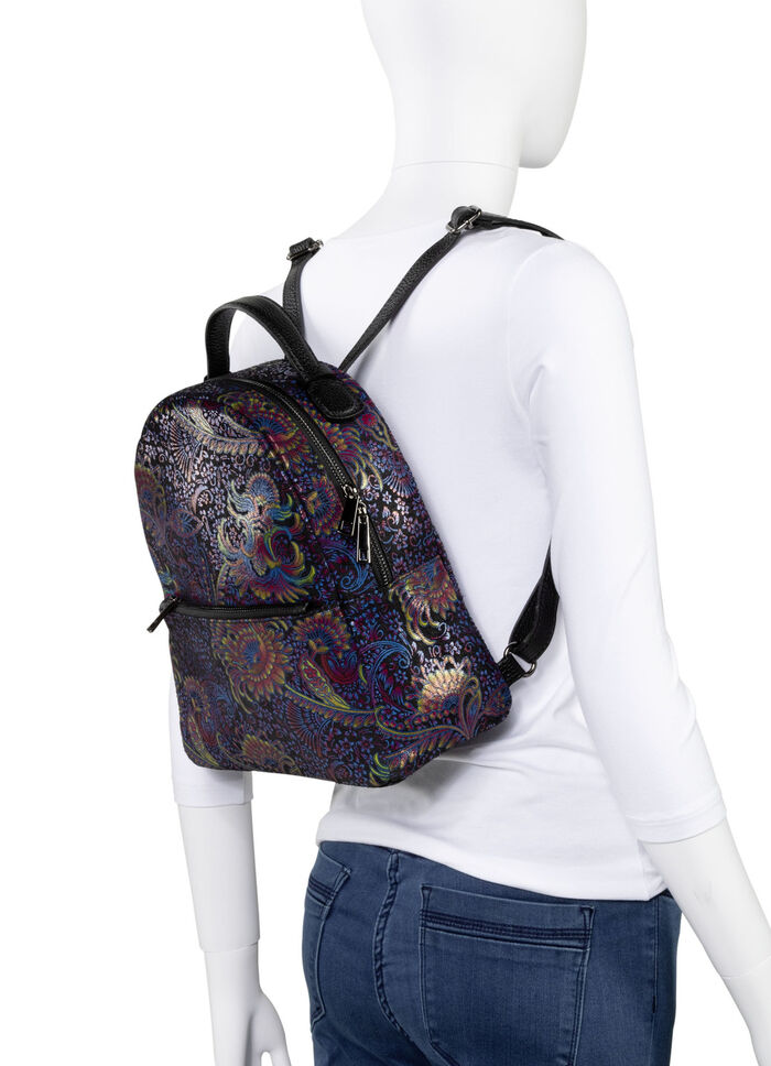 Laurina-rugzak van bedrukt kalfsleer ZWART-MEERKLEURIG