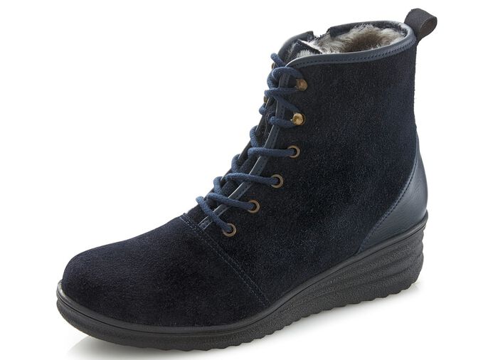 Enkellaarsjes met vetersluiting en voering van echt lamsleer DONKERBLAUW