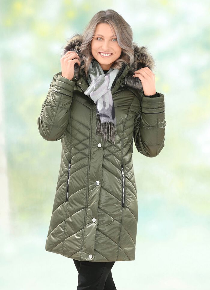 Lange jas met afneembare kunstbontgarnering 