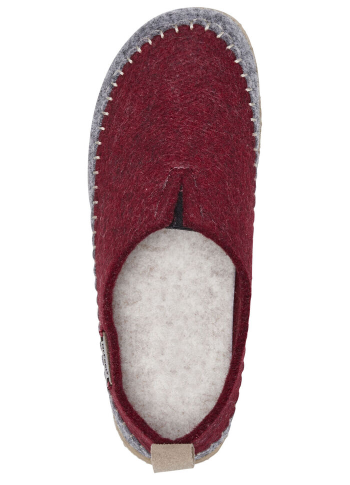 Laurina pantoffels van wolvilt met velours bies BORDEAUX-GRIJS