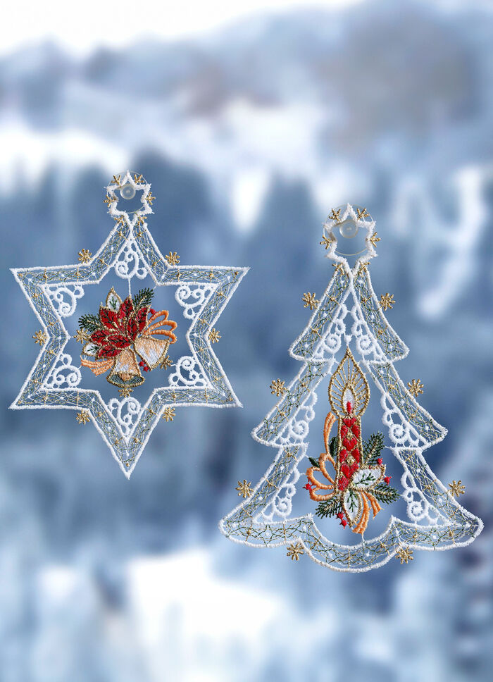 Raamafbeelding met kerstboom en ster, set van 2 